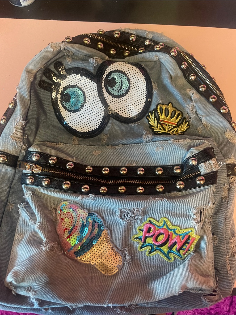 Bam Forever Distressed Denim Studded Backpack Y2K Cartoon Patch Book Bag